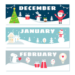 Winter Months Calendar Flashcards Set. Nature, Holidays and Symbols Illustrations