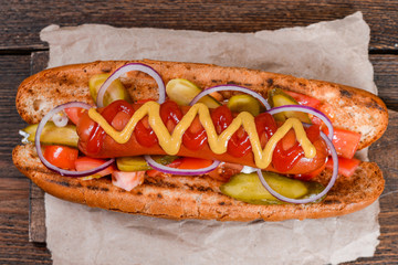 Grilled hot dogs with mustard, ketchup