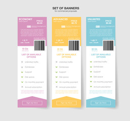 Set tariffs. interface for the site. ui ux vector banner for web app. Pastel pricing table, banner, order, box, button, list and bullet with plan for website in flat design
