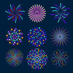 Festive patterned firework bursting in various shapes. Party and holiday event firework icon flat set isolated vector illustration