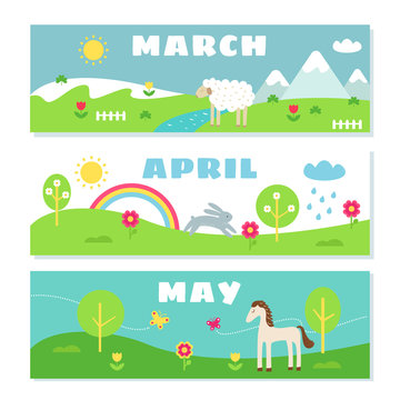 Spring Months Calendar Flashcards Set. Nature, Holidays and Symbols Illustrations