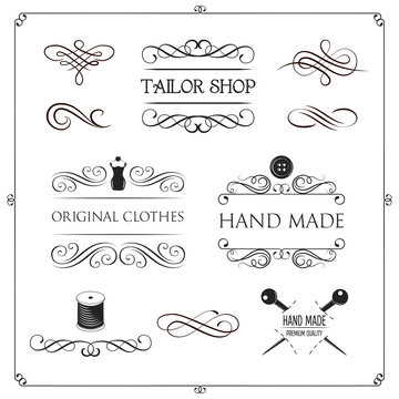 Set of vintage monochrome tailor tools and emblems. Designer toolkit. Perfect for logo, label, emblems and other signs