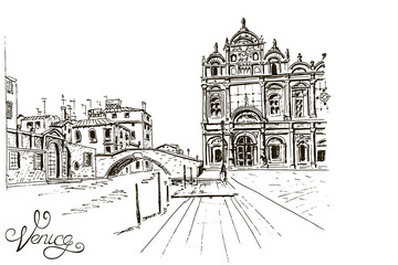 Fototapeta premium Vector sketch of The Scuola Grande di San Marco ( Scuole Grandi of Venice). Venice. Italy.