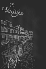 Architecture of Burano island. Venice. Italy. Vector sketch on black chalk board.
