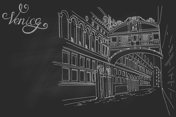 bridge of sighs ( ponte dei sospiri). Venice. Italy. Vector sketch on black chalk board.