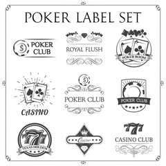 Poker and casino set of vector black gambling emblems, labels, badges or logos in vintage style isolated on white
