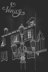 Printarchitecture of Venice. Italy. Vector sketch on chalkboard background.