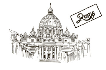 sketch of St. Peter's Basilica in Rome, Italy. - 130379374