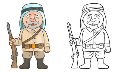 Cartoon Arabian soldier stands guard with a rifle in his hand

