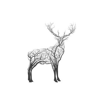 Branch Wood Twig Deer. hipster forest poster. Vector illustration isolated on white