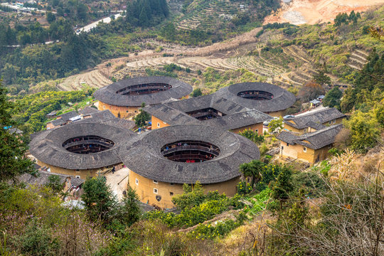 TianlouKeng cluster - Fujian province, China. The tulou are ancient earth dwellings of the Hakka people