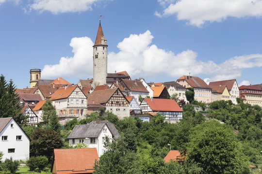 Stadtturm Tower and half timbered houses, Kirchberg an der Jagst, Hohenlohe Region, Baden Wurttemberg, Germany