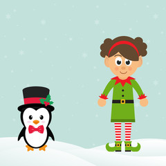 cute penguin with snow and elf girl