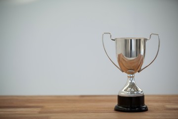 Silver trophy on wooden table