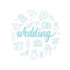 Wedding lettering with icons. Calligraphy font