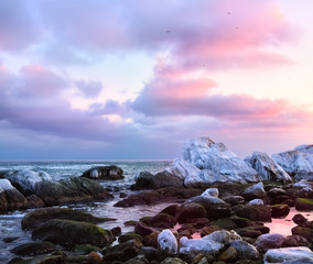 Fototapeta na wymiar winter sea at sunset, stones covered with ice, pink clouds and reflection in water, dusk. 