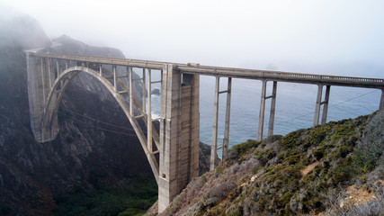 BIG SUR, CALIFORNIA, UNITED STATES - OCT 7, 2014: Bixby Creek Bridge on Highway No 1 at the US West Coast traveling south to Los Angeles