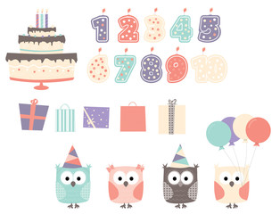 Birthday cartoon elements : owls/ birthday cake and candles