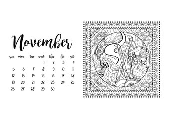 Obraz premium Desk calendar horizontal template 2017 for month November. Week starts Sunday
