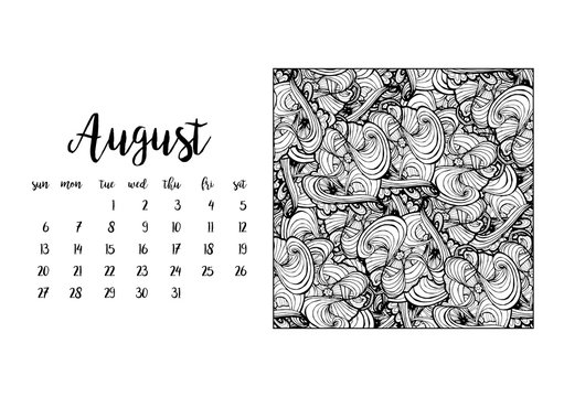 Desk calendar horizontal template 2017 for month August. Week starts Sunday
