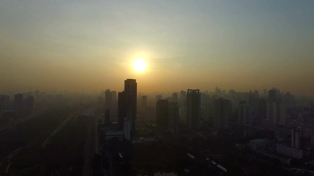 aerial view foggy morning of bangkok skyscraper 