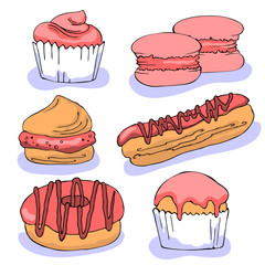 vector color illustration cake set macaroon ecpair muffin donut