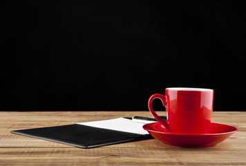 blank clip board and coffee Cup