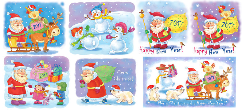 Set of Christmas greeting cards. Cute Santa, snowmen, rooster, white bears. Illustration for children