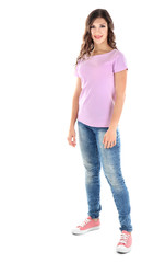 Young woman in blank color t-shirt on white background