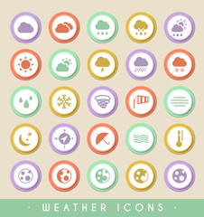 Set of Weather Icons on Circular Colored Buttons. Vector Isolated Elements.