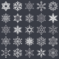 Set of vector snowflakes isolated on black background.