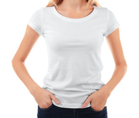 Young woman in blank t-shirt on white background, close up