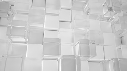 White background with white and glass cubes. 3d illustration, 3d