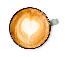 Mousse de cappuccino, vue de dessus de tasse de café sur le fond blanc