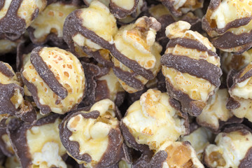 Fudge drizzled popcorn close view