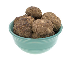 Bowl filled with mushrooms on a white background