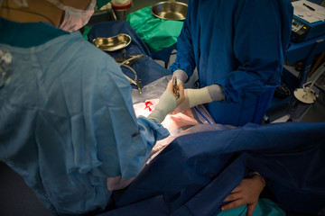 Close up image of a team of doctors delivering a baby via Caesarean section in an operating theatre in a hospital during the act of child birth