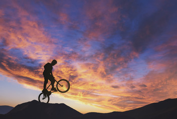 Man riding a bike performing a trick against sunset sky.