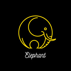 Logo of an abstract yellow line elephant icon on black background. Vector illustration.
