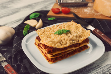 Homemade meat lasagna on napkin