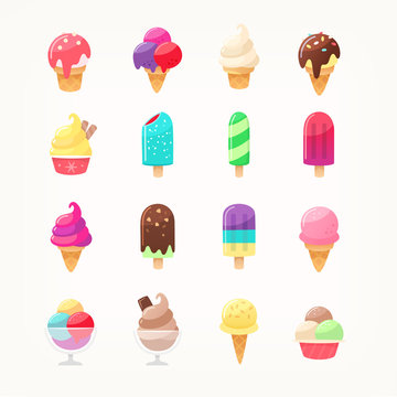 Set of colorful delicious ice cream icons. Ice cones popsicles and ice cream in cups. Kids favourite dairy products