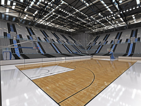 Beautiful sport arena for basketball with floodlights and gray seats