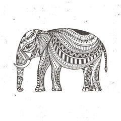 Indian Hand Drawn Elephant. Arabic and Jewish amulet. Vector Illustration