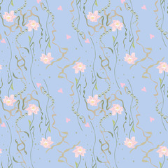 Water lily, pink lotus flowers leaves and pads seamless pattern.