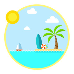 Fototapeta na wymiar A tropical sea island with palm trees and sailing boat. Vector flat design illustration
