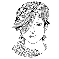 Girl face Hand drawn sketched vector illustation. Doodle woman face graphic with ornate pattern. Design Isolated on white.