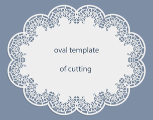 Greeting  card with openwork  oval border, paper doily under the cake, template for cutting, wedding invitation, decorative plate is laser cut, frame with lace edge, vector illustrations.