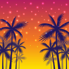 Fototapeta na wymiar Poster with the shadows of palm trees of yellow-red sunset background.