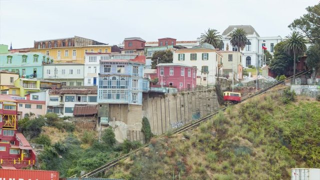 Valparaiso Chile Cable Car Going Up Hillside with Residential Homes in Background