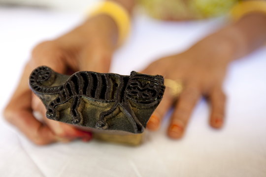 Indian tiger motif handblock printing at Dastkar women's craft co-operative, Ranthambore Artisan Project, Rajasthan
